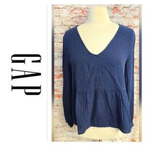 GAP Gauze Peplum Top Size Large Navy Blue Long Sleeve EUC